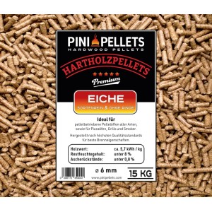 PINI Hartholz Pellets 6 mm aus Eiche, 15 kg, zum Heizen, Grillen & Smoken. Mit Produktetikett.