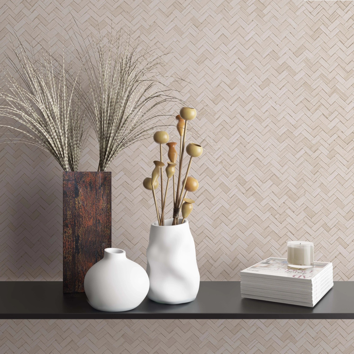 Beige Vliestapete mit Fischgrätenmuster Botanica von Marburg für Wohnraumgestaltung.