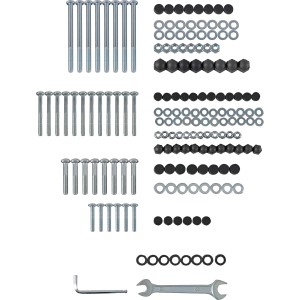 Montage-Set für Hollywoodschaukel Davenport II mit Schrauben, Muttern, Unterlegscheiben und Werkzeug.