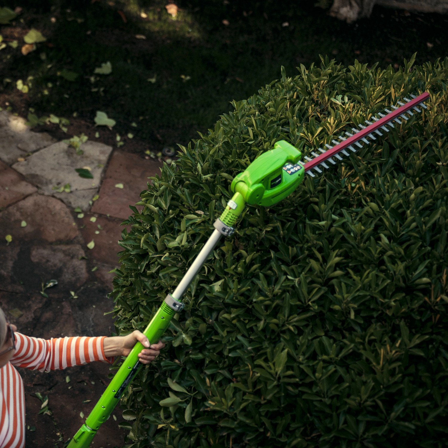 Greenworks Akku-Teleskop-Heckenschere G40PHA beim Heckenschnitt.