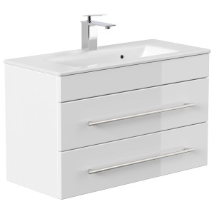 Posseik Waschplatz Vela SlimLine, 80 cm, weiß, mit 2 Schubladen und Edelstahlgriffen.