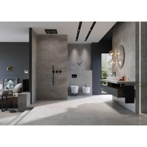Modernes Bad mit Cersanit Wandfliese Concrete Sea-Grau, matt, 40x120 cm, mit Wellenmuster.