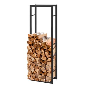 Schwarzes KARAT Kaminholzregal Kreta (100x25x100 cm) mit Brennholzfüllung.