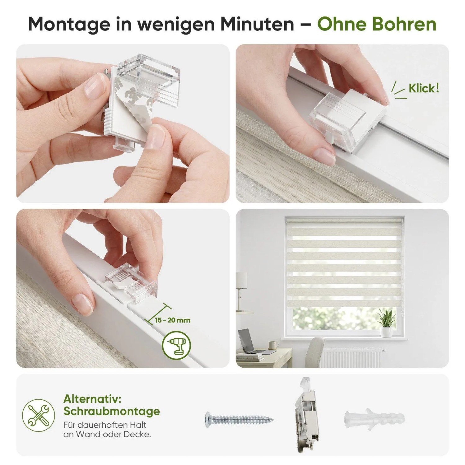 Beiges Doppelrollo Klemmfix: Montage ohne Bohren am Fensterrahmen für Sichtschutz, auch Schraubmontage.