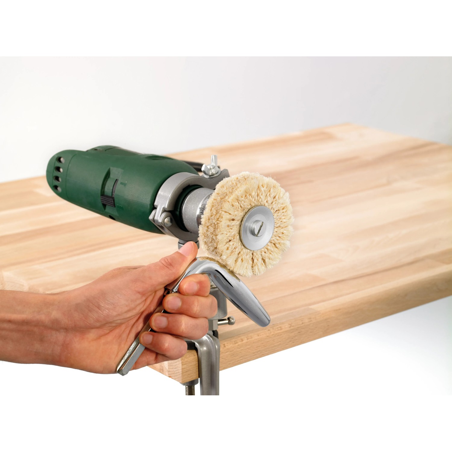 LUX Polier-Set, 6-teilig mit Bohrmaschine und Werkstück, für Oberflächenveredelung.