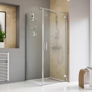 Schulte Toura Drehtür mit Seitenwand, 80x80 cm, Türanschlag rechts. Duschabtrennung aus Glas mit silbernen Rahmen.