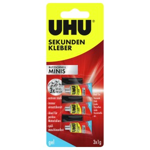 Uhu Sekundenkleber Mini Gel, 3 Tuben à 1g, ideal für präzises Kleben kleiner Flächen.