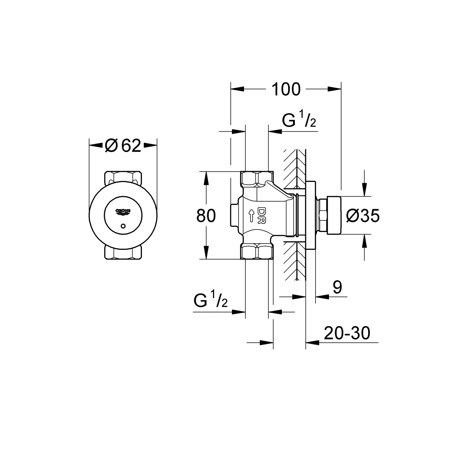 Technische Zeichnung: Grohe Euroeco CT Selbstschluss-Ventil für Waschbecken, Chrom, mit Maßangaben.