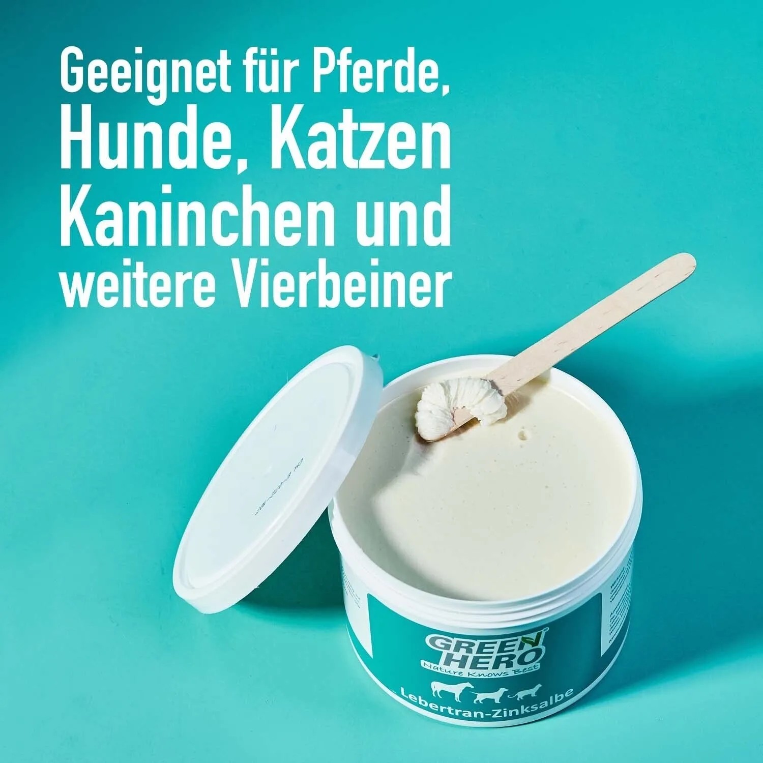GreenHero Lebertran-Zinksalbe für Tiere: Pflegt gereizte Haut, ohne Cortison. Mit Holzspatel.