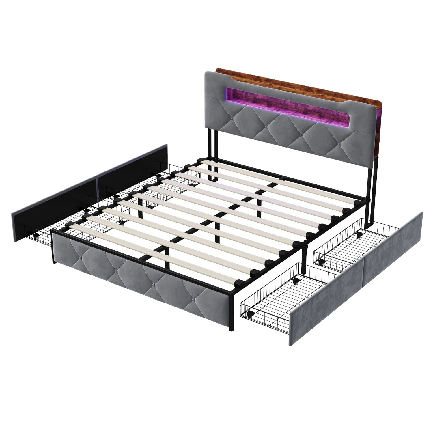 PXloue Polsterbett Grau 140x200cm-4 Schubladen-Bett mit Ladefunktion&LED-Be günstig online kaufen