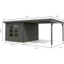 Karibu Gartenhaus Set Domingo B in Terragrau-Anthrazit mit Anbaudach und Maßangaben.