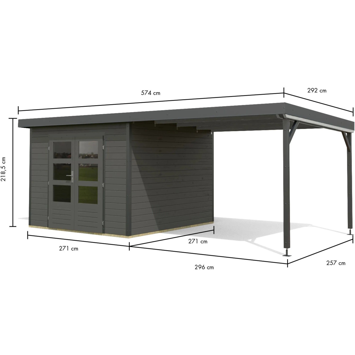 Karibu Gartenhaus Set Domingo B in Terragrau-Anthrazit mit Anbaudach und Maßangaben.