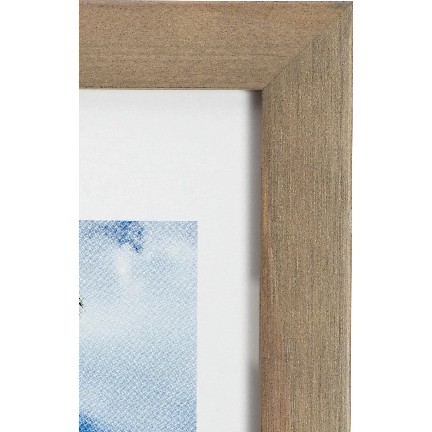 Grauer Holzbilderrahmen, glatte Oberfläche, Format 10x15 cm. Schlichtes Design für Fotos und Bilder.