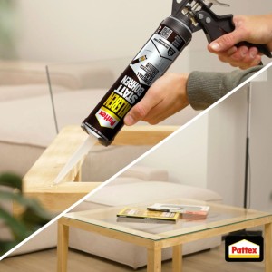 Anwendung von Pattex Kleben statt Bohren Kristallklar Montagekleber mit Kartusche.