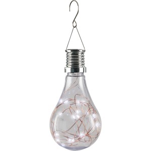 Transparente LED Solar Pendelleuchte in Glühbirnenform mit Lichterkette für den Außenbereich.