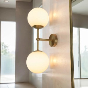 Licht-Erlebnisse Wandlampe Messing Glas 50 cm Hoch E14 2-Flammig Kugel Schirm