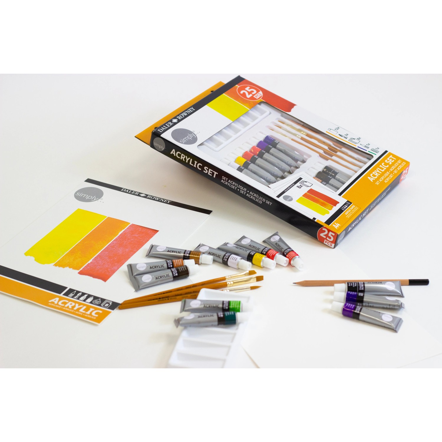 Daler-Rowney Acryl-Malset, 25-teilig mit Farben, Pinsel, Bleistift und Malpalette.