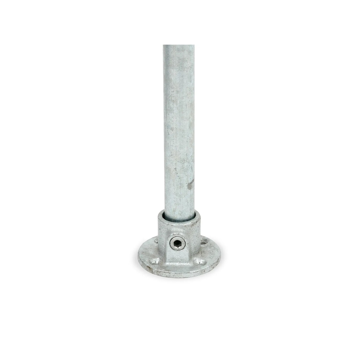 Runde, silberne Fußplatte verzinkt (Ø 2,7 cm) für Stahlrohre zum Möbelbau.