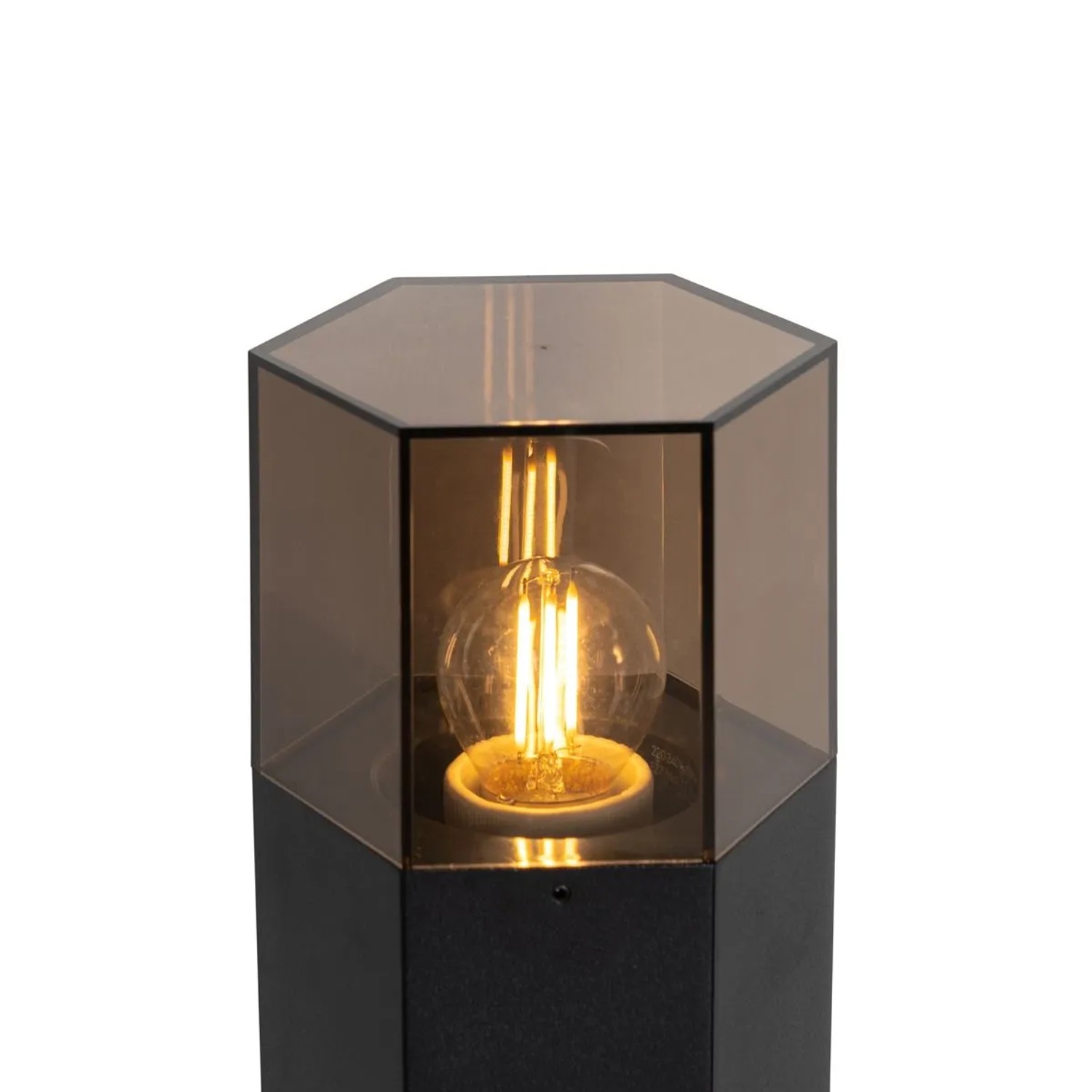 Schwarze QAZQA Außenleuchte Denmark mit Rauchglas, sechseckig, 30 cm hoch.