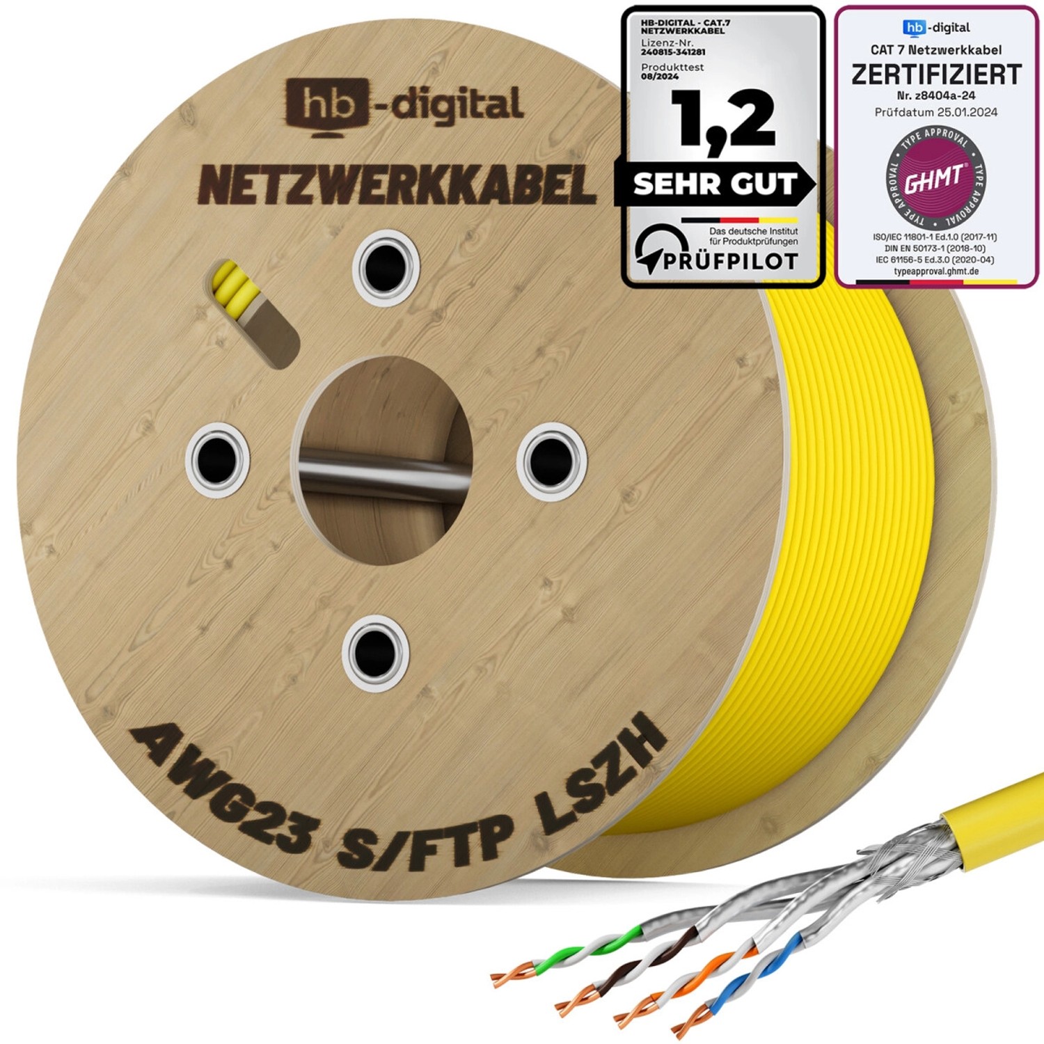 hb-digital CAT 7 Kabel Netzwerkkabel max. 1000 MHz S/FTP AWG23 LSZH 1000m gelb