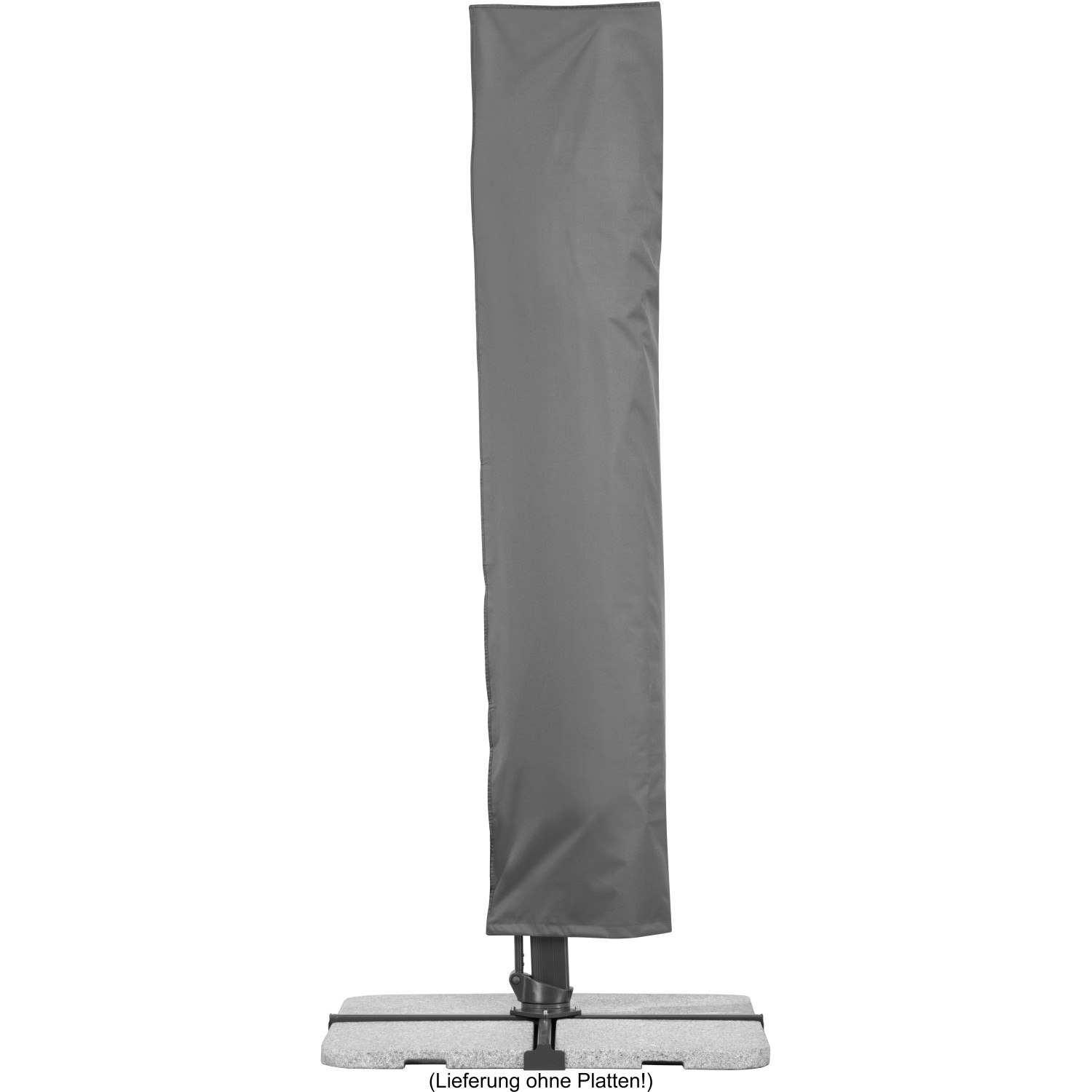 Schneider Ampelschirm 358x300 cm, silbergrau, mit Schutzhülle abgedeckt.