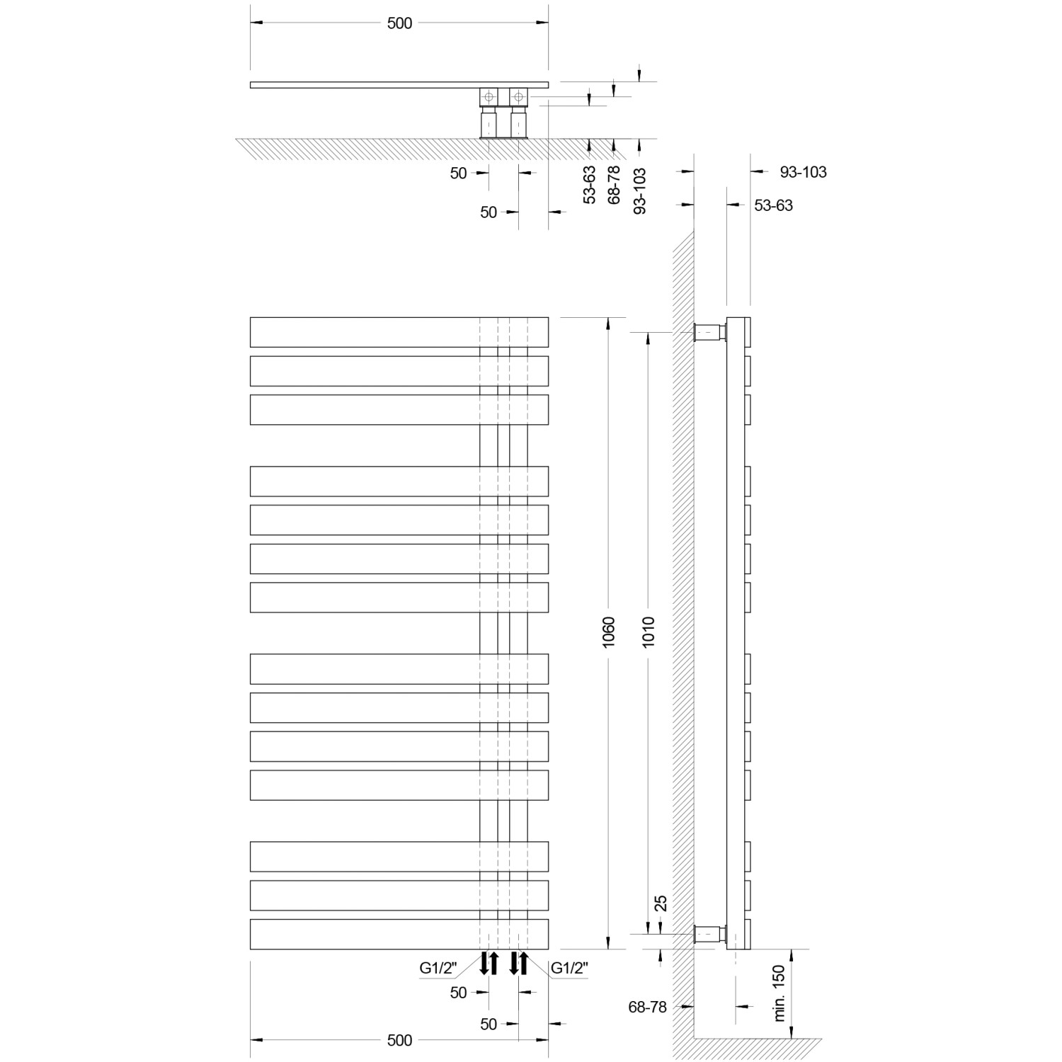Technische Zeichnung Schulte Design-Heizkörper Breda, Pearl Schwarz, mit Maßen und Anschlüssen.