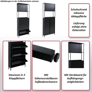 Schwarzer MCW Schuhschrank O86 aus Metall mit 3 Kippfächern, Ablage, Steckboard und höhenverstellbaren Füßen. Für Flur.