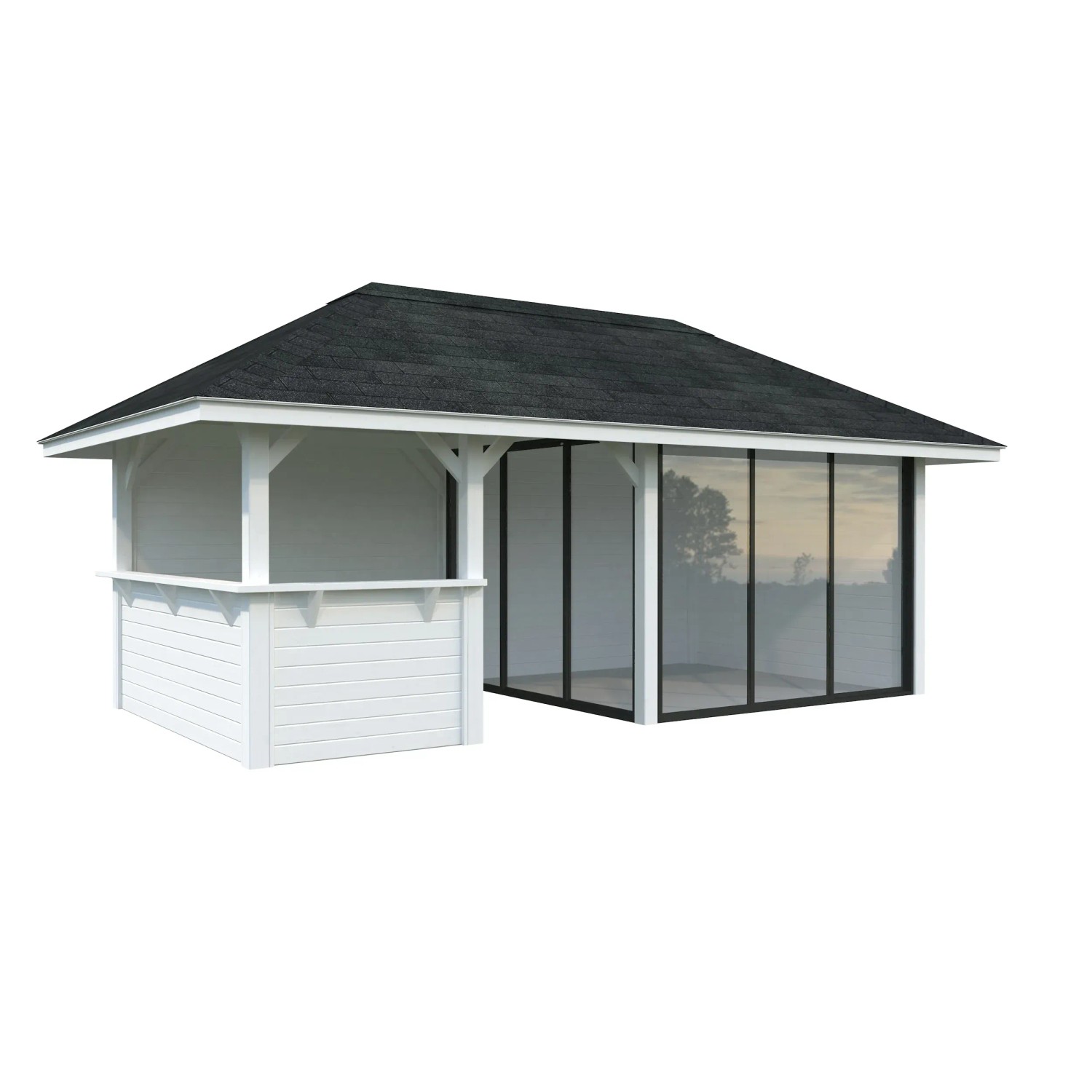 Palmako Pavillon Bianca Set, 588x300 cm, weiß lackiert. Weekendhaus mit Schiebetüren und Tresen.