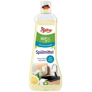 Poliboy Spülmittel Lemon 500 ml Flasche. Gelbe Flüssigkeit, Zitrone und Spülszene. Reinigt Geschirr kraftvoll von Fett & Schmutz.
