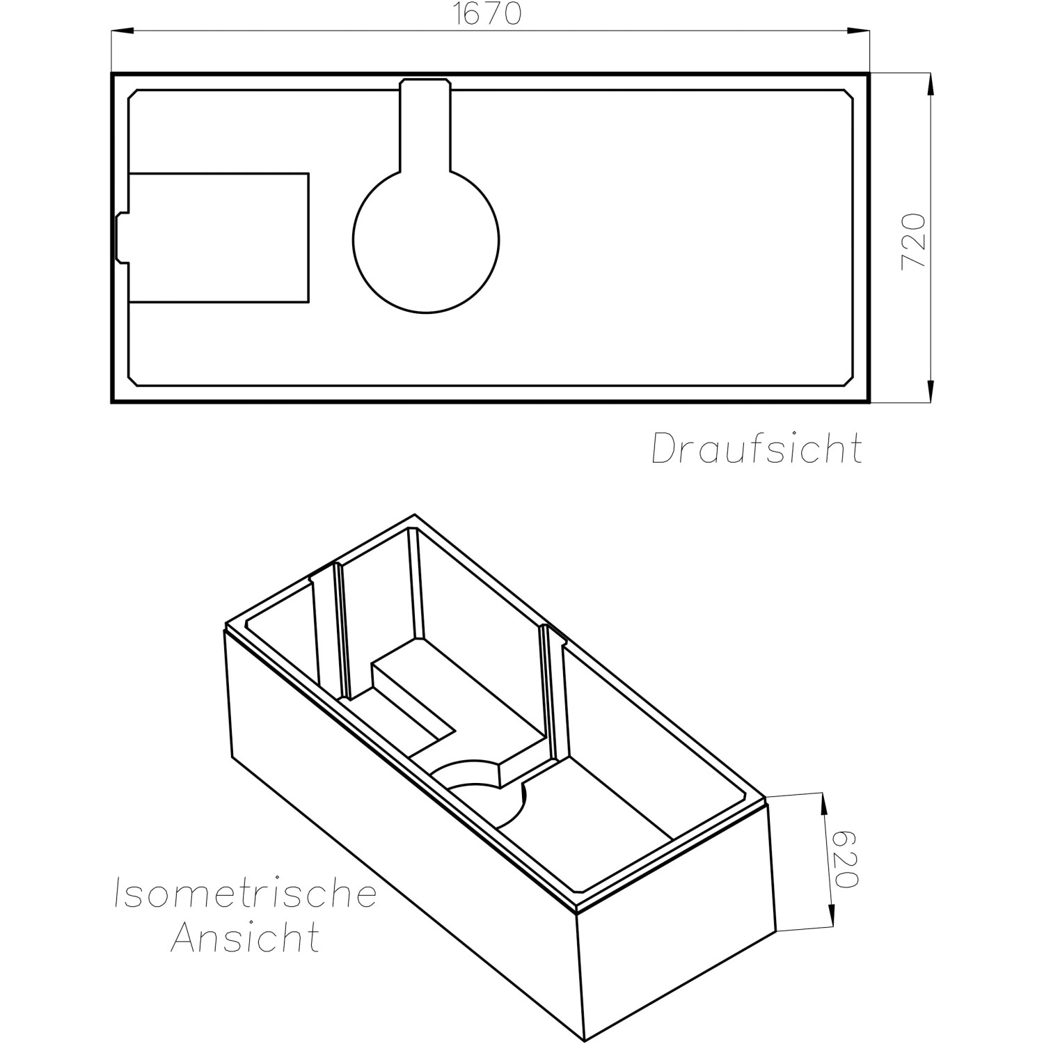 Technische Zeichnung Ottofond Wannenträger Porta 170 cm, Draufsicht und isometrische Ansicht mit Maßen.