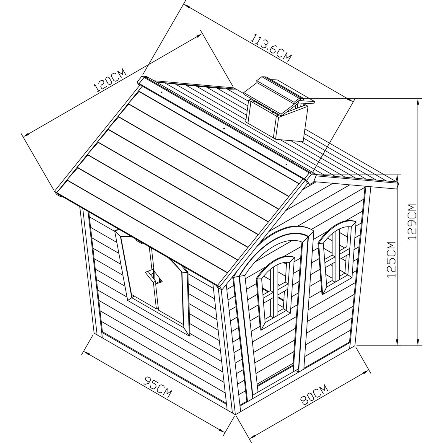 Skizze Axi Spielhaus Olaf aus Zedernholz mit Maßen, rot-grau, 129x114x120cm, für Kinder.