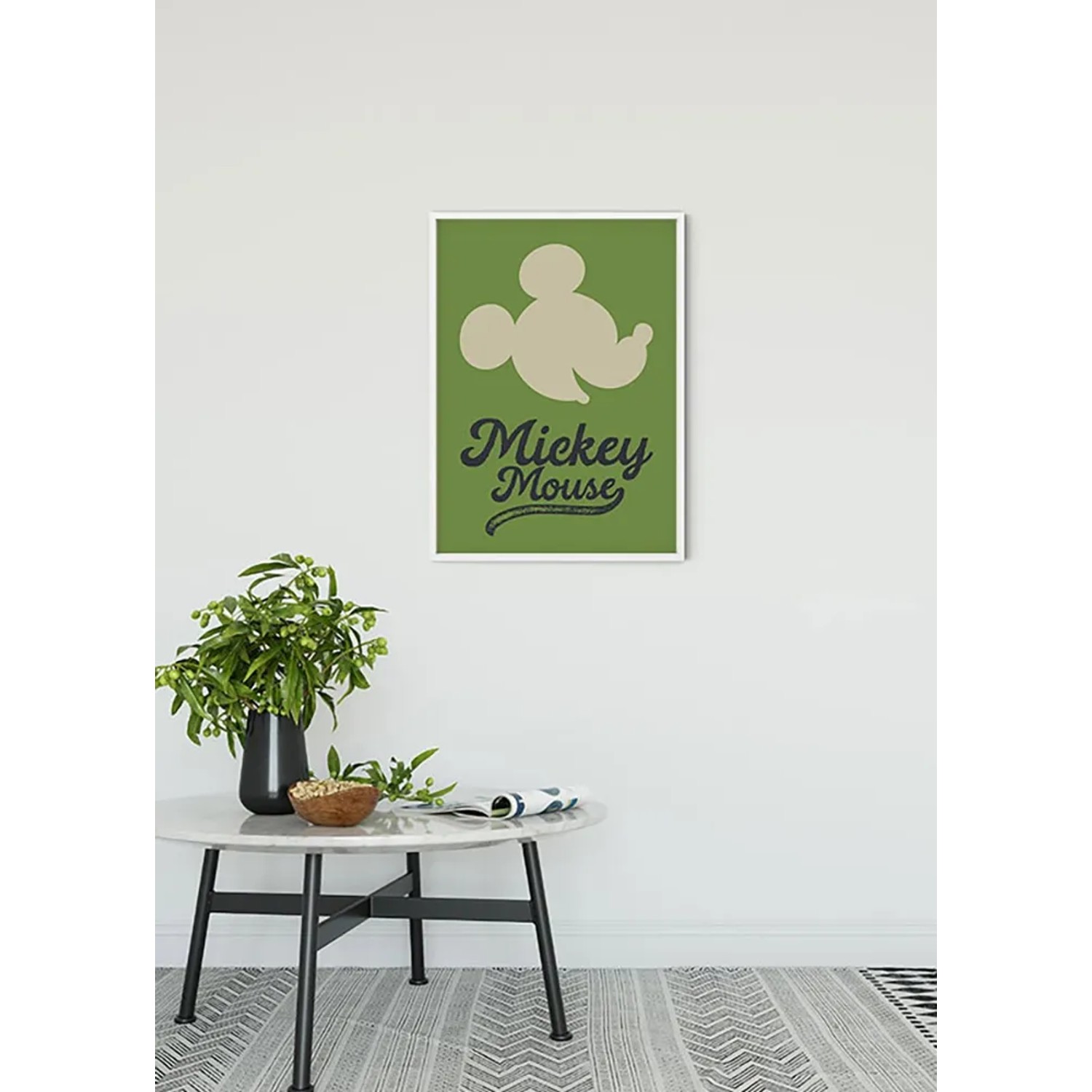 Wandbild: Mickey Mouse Lines, 30x40 cm, grüner Hintergrund mit Mickey Mouse Silhouette.