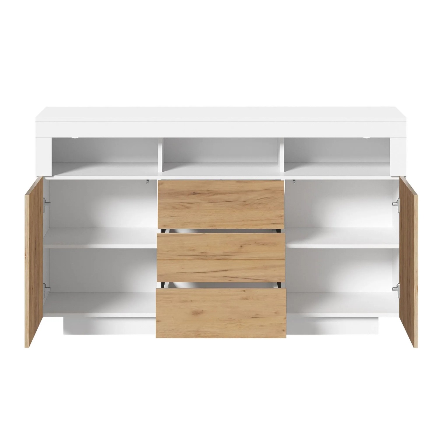 Merax Sideboard 140x85 cm in Natur Weiß mit 3 Holz-Schubladen, 2 offenen Türen und Fächern. Moderner Wohnzimmerschrank.