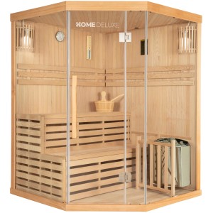 Traditionelle Sauna SKYLINE aus Tannenholz mit Glasfront, Bänken und Saunaofen.
