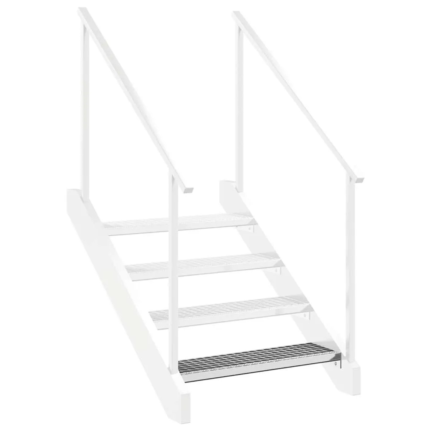 Silberne Gitterroststufe aus verzinktem Stahl, als Teil einer rutschfesten Treppe mit Handläufen.