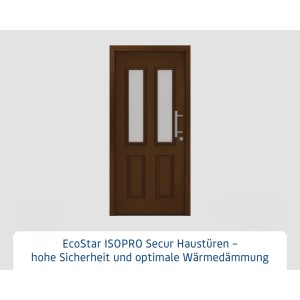 EcoStar Haustür IsoPro Secur in Terrabraun, Landhausstil, mit satinierten Glaseinsätzen und Edelstahlgriff.