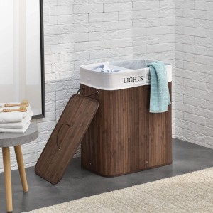 Brauner Juskys Bambus Wäschekorb Curly (100L) mit Wäschesack und Deckel.