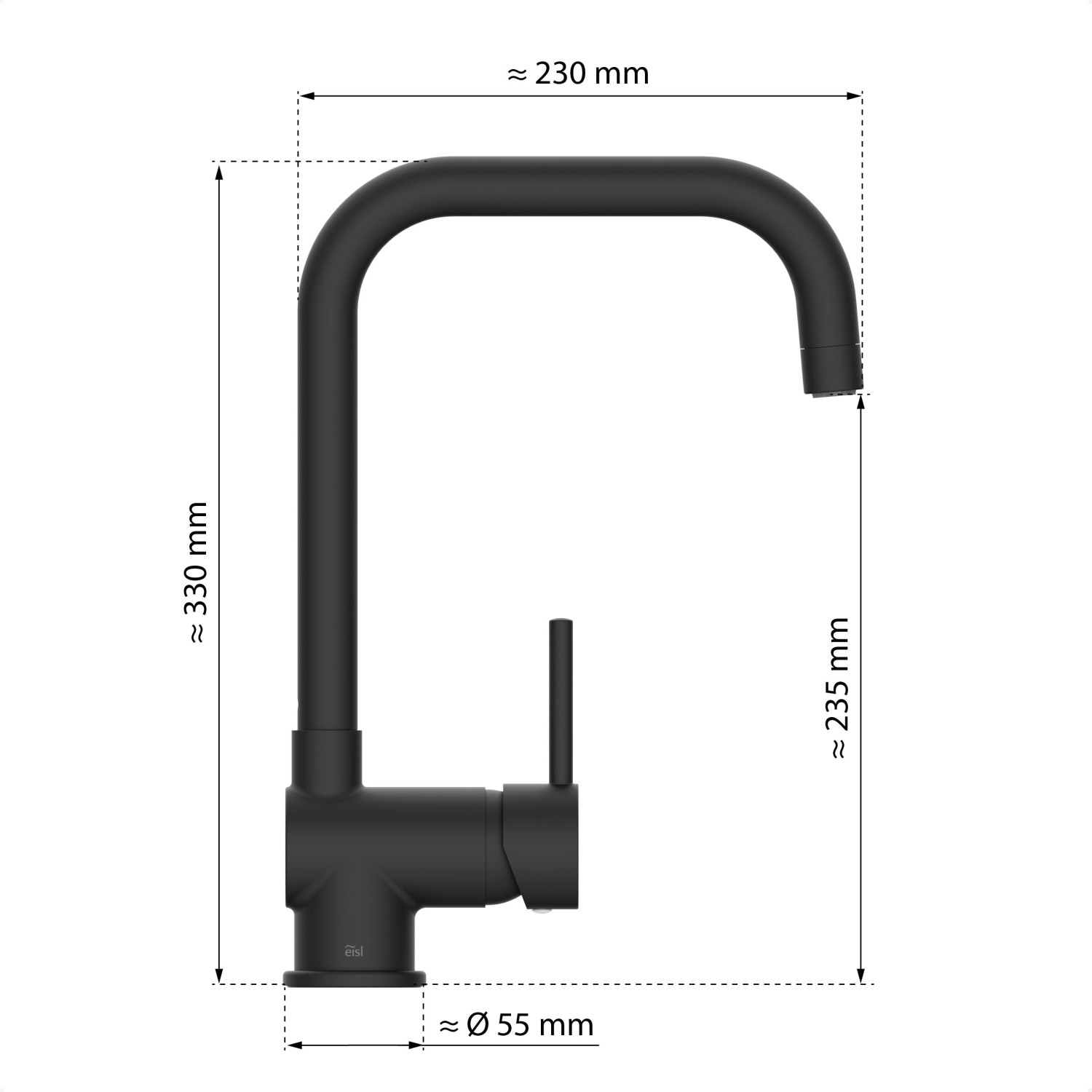 Eisl Spültischarmatur Futura Niederdruck, schwarz matt, mit Maßangaben.