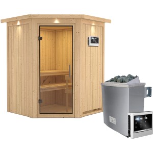 Karibu Sauna Lyra mit Ofen, externer Steuerung und Glastür. Massivholzsauna mit LED-Dachkranz.