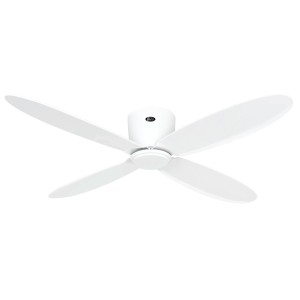 Weißer CASAFAN Eco Plano II WiFi Deckenventilator mit 4 Flügeln und Fernbedienung.