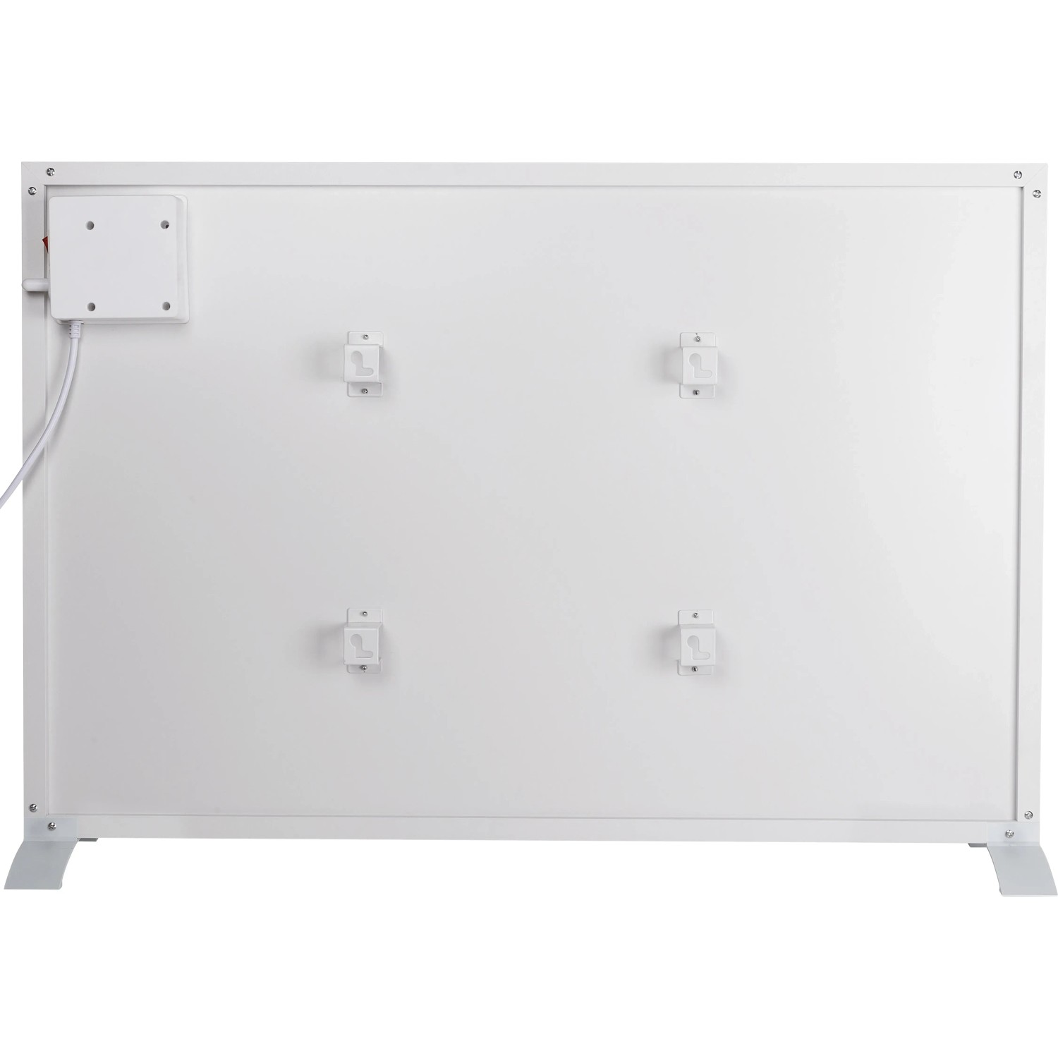 Rückansicht des weißen WiFi-Infrarot-Panel-Heizers Odda 540 W mit Montagevorrichtung und Standfüßen.