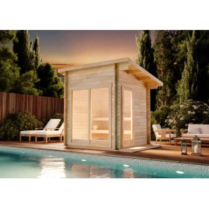 Finntherm Gartensauna Lizzy XS aus Fichte, naturbelassen, mit Panoramafenster und Terrasse.