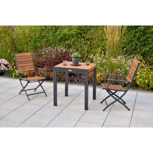 Merxx Gartenmöbelset Santorin mit Klappsesseln und ausziehbarem Balkontisch aus Akazienholz und Aluminium.