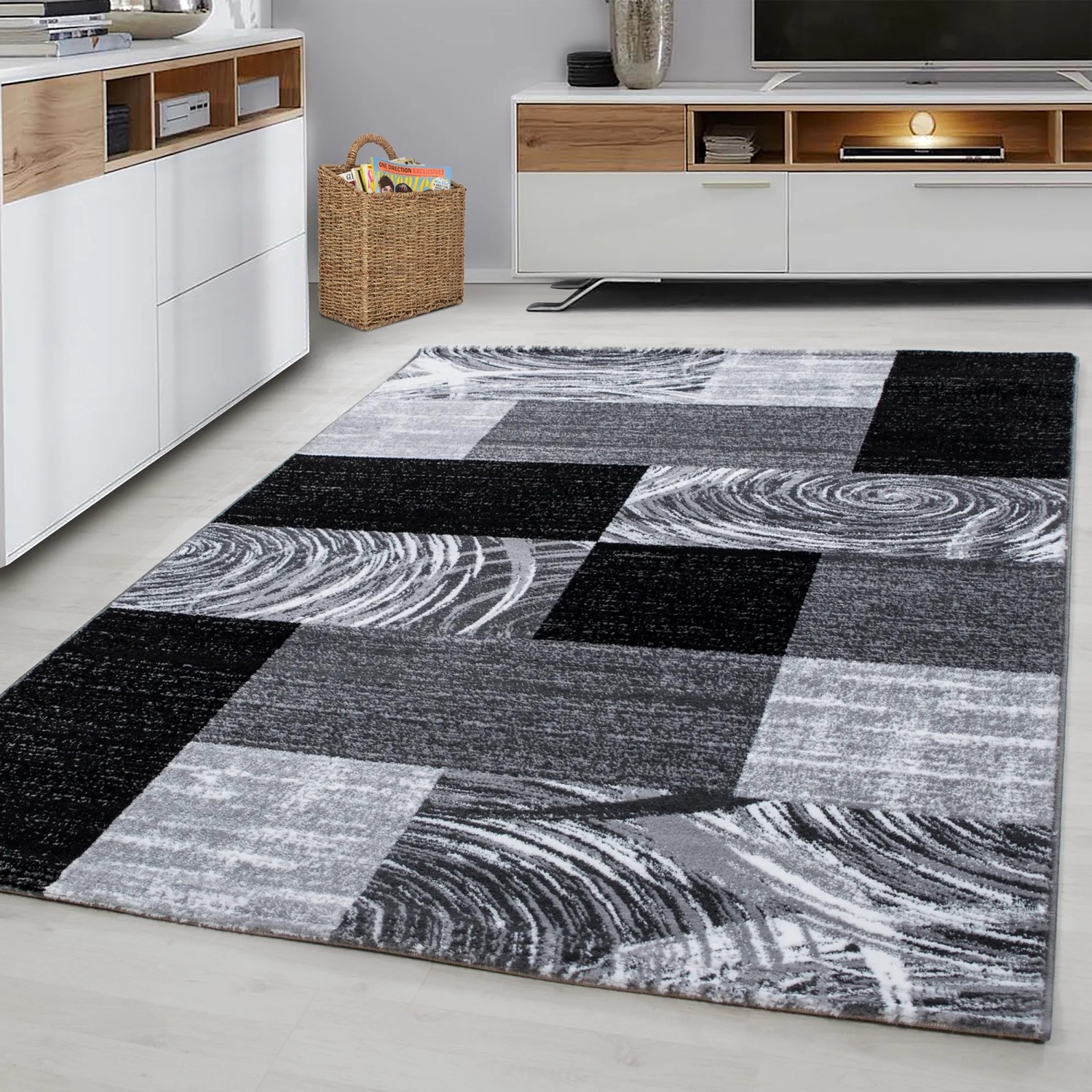 Ayyildiz Kurzflorteppich Parma 9220, 160x230 cm, schwarz mit modernem Muster.