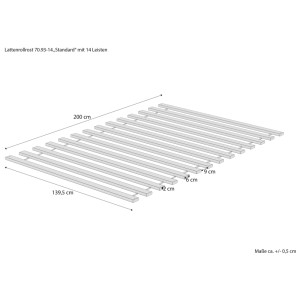 Technische Zeichnung: Stabiler Lattenrollrost aus Fichte/Tanne, 14 Leisten, 140x200 cm mit Maßen.