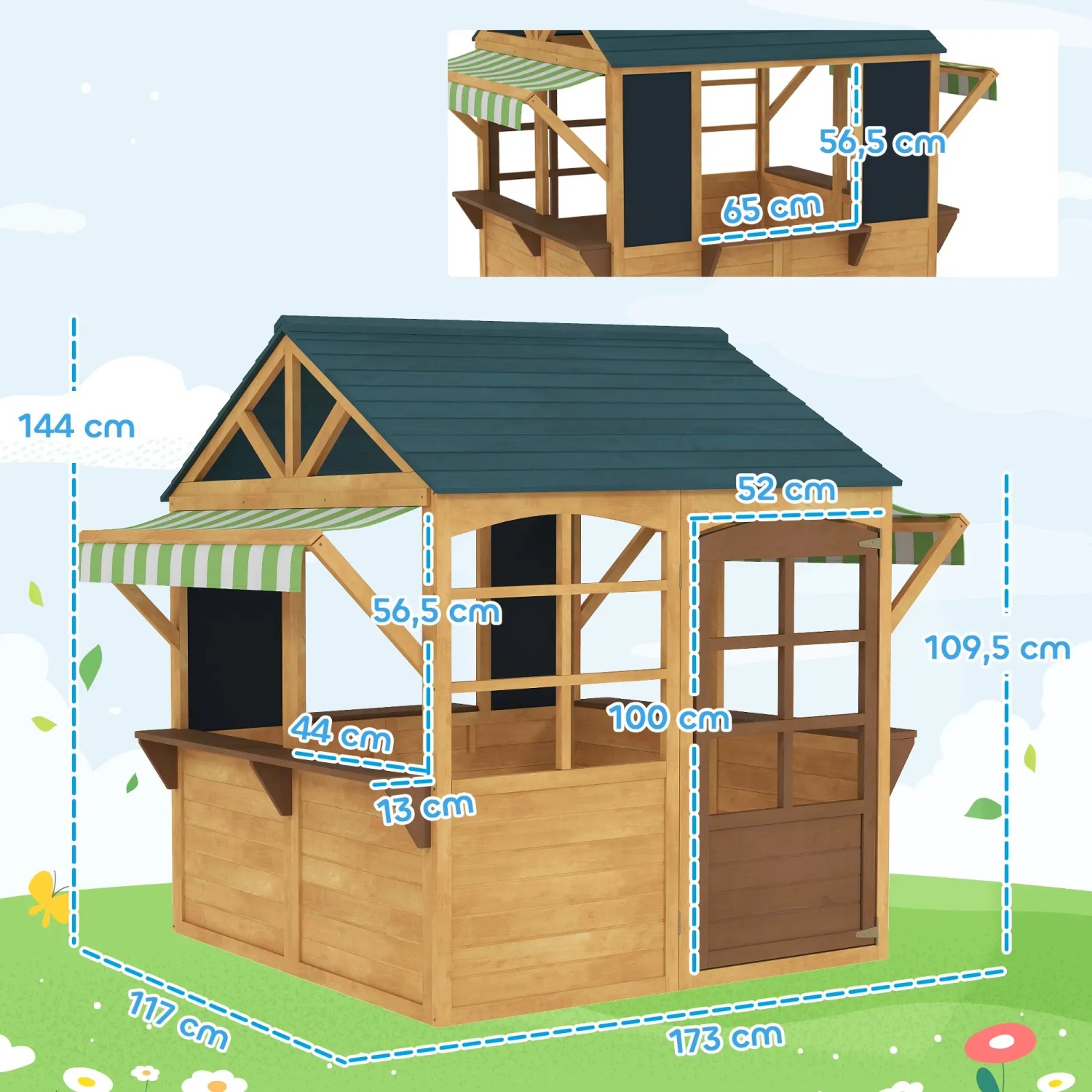 AIYAPLAY Spielhaus aus Holz mit Kreidetafeln und Fensterbank, ideal für Kinder von 3-8 Jahren.