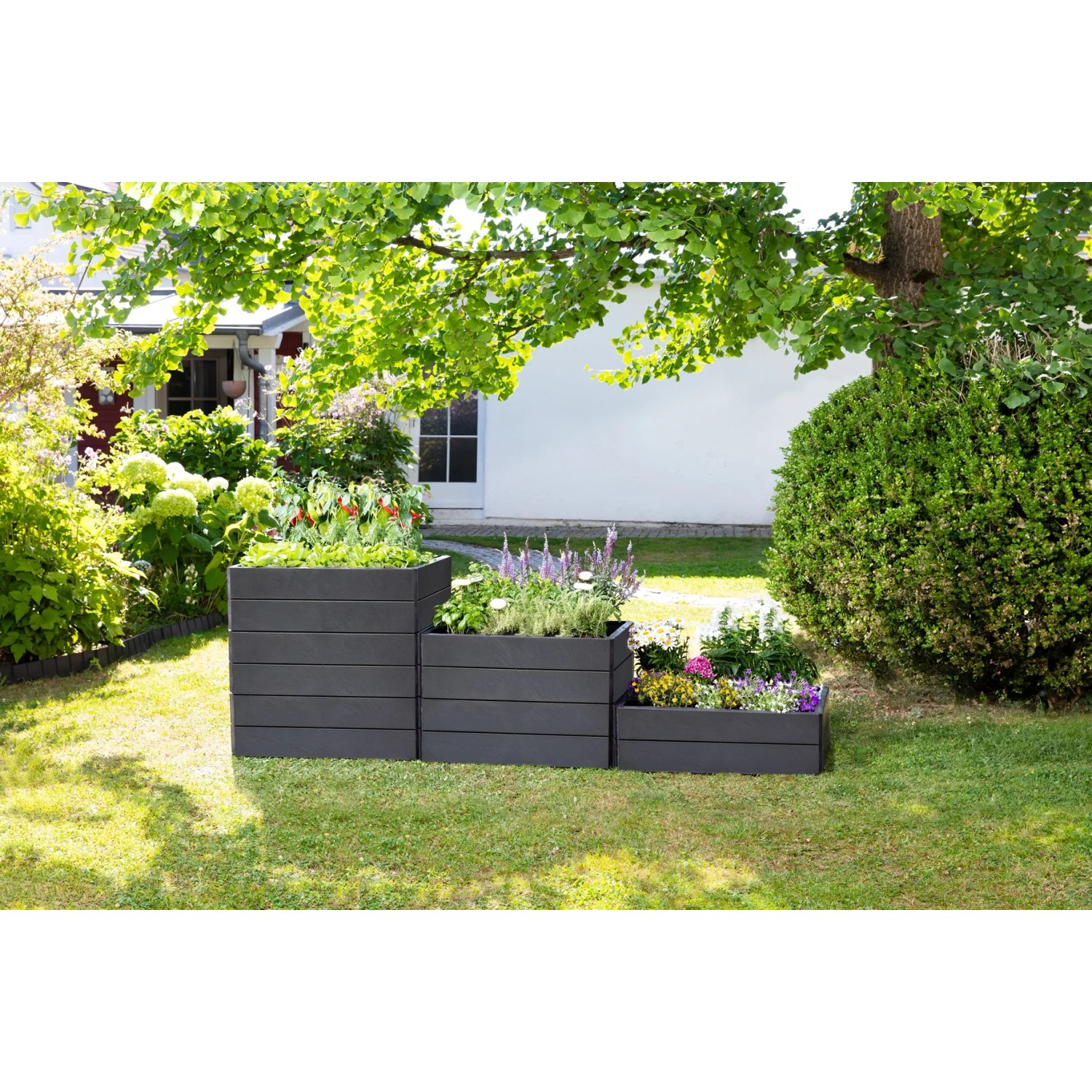 Garantia Hochbeet Ergo Vario 2 Stone, Kunststoff-Hochbeet in Steinoptik mit Bepflanzung im Garten.