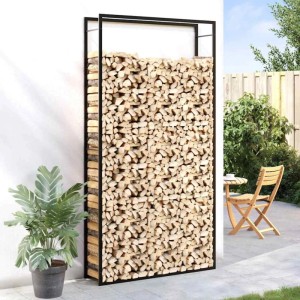 Schwarzes vidaXL Brennholzregal aus Stahl, 110x28x214 cm, zur Kaminholz Lagerung im Garten.