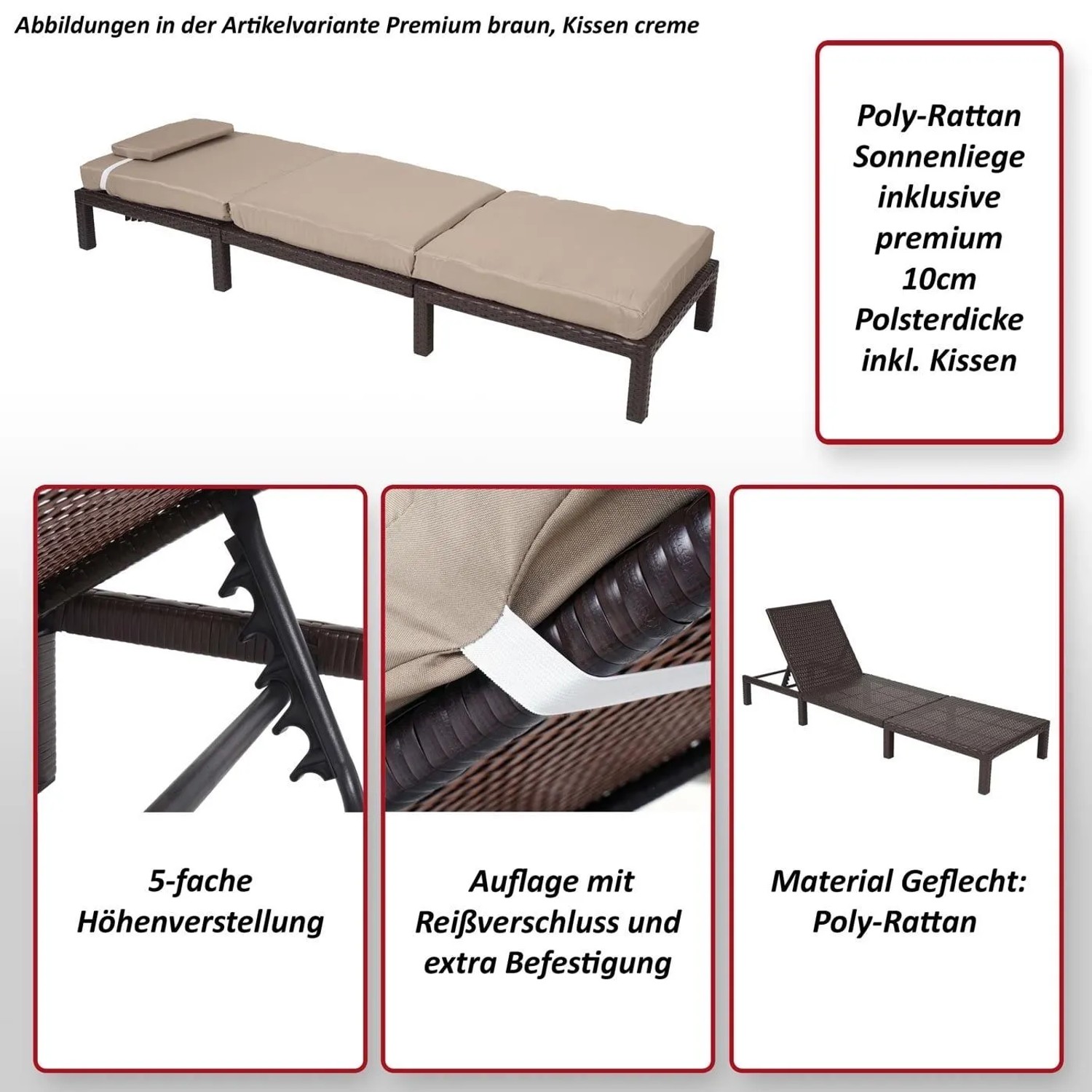 Braune Poly-Rattan Sonnenliege mit cremefarbenen Kissen. 5-fach verstellbar, Auflage mit Reißverschluss.