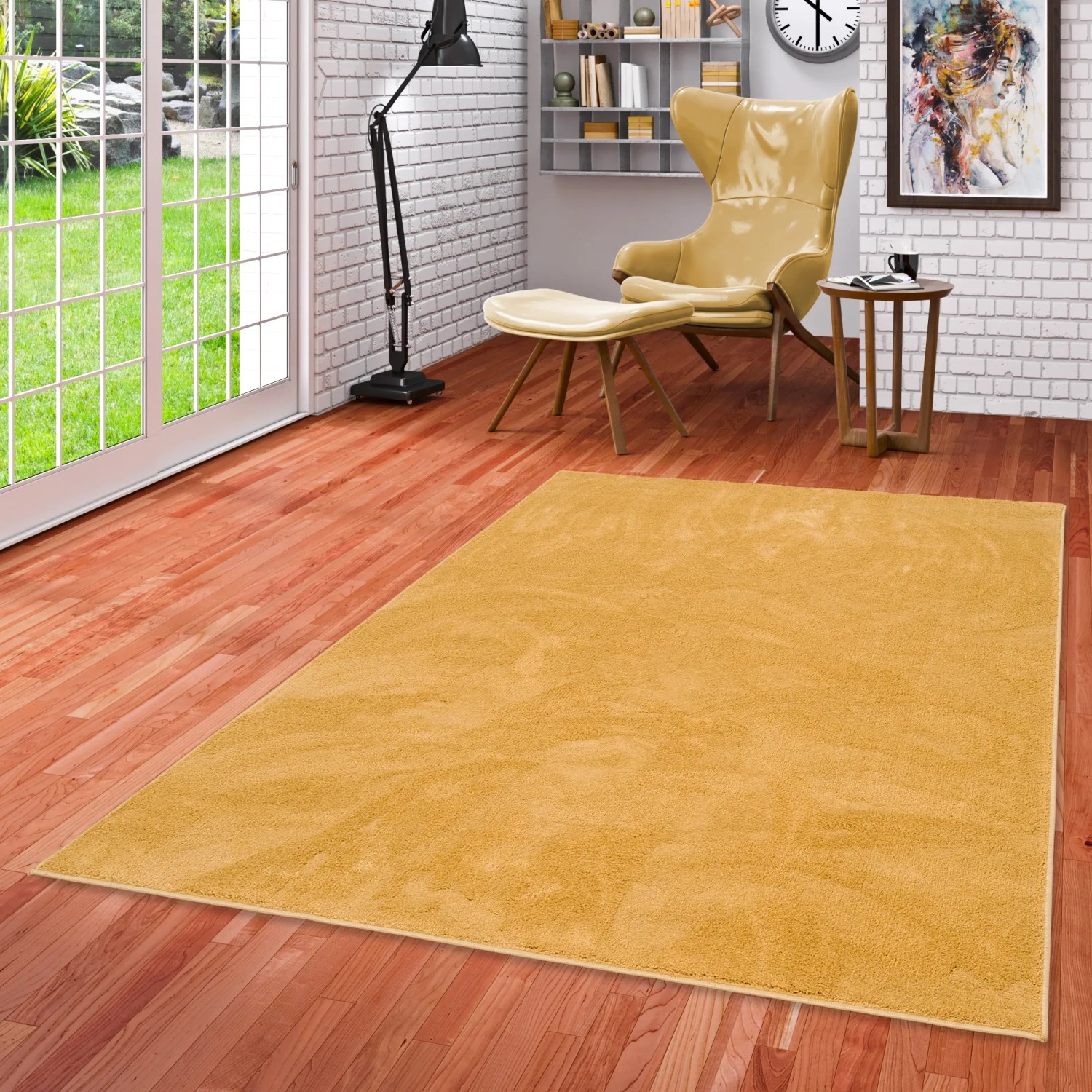 Curryfarbener Pergamon Hochflor Teppich Melia, 140x200cm, super soft und luxuriös.